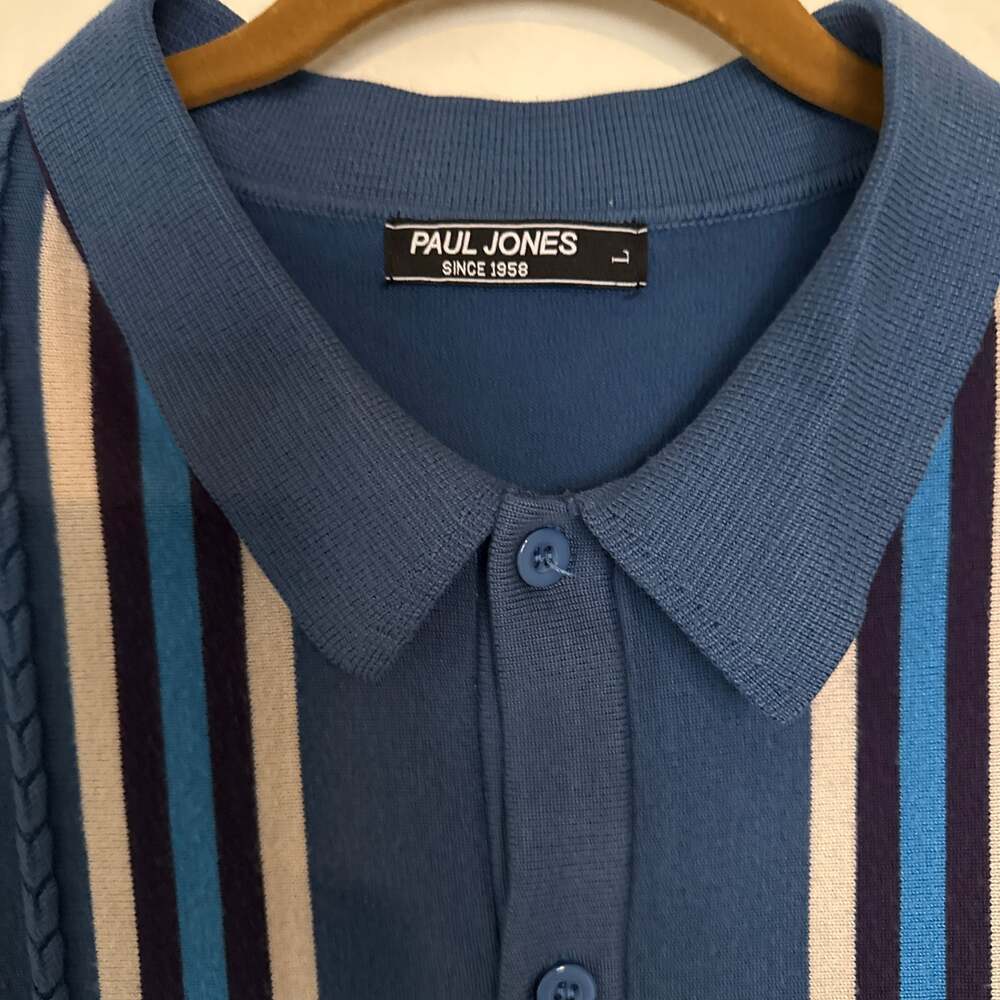 PJ PAUL JONES Mens Vintage Striped Long Sleeve Button Down Knit Polo Cardigan Sw